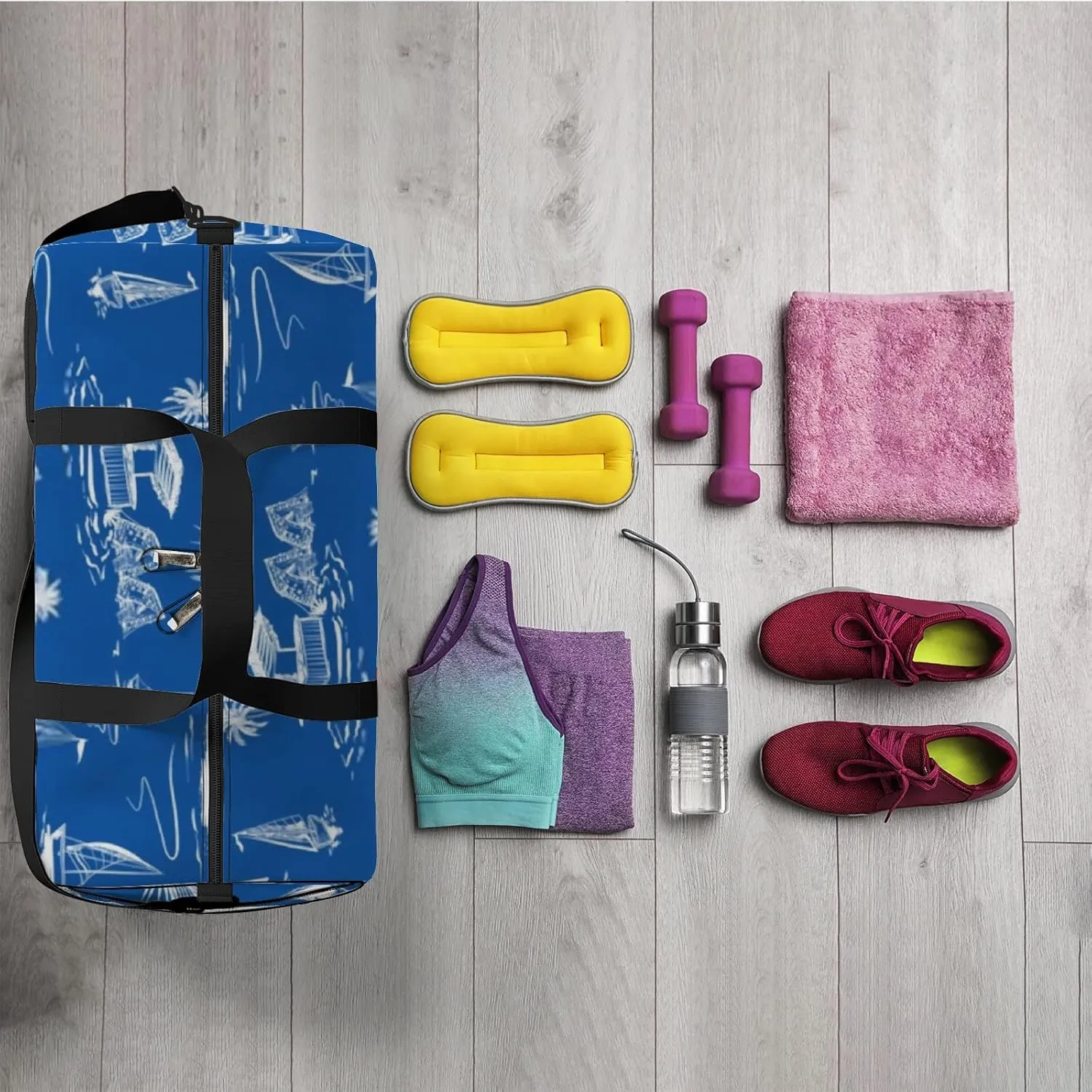 Sports Gym Bag for Women and Men Waterproof Hand Sketch Island Pattern Ocean Blue Duffel Bag Lightweight Carryon Traveling Boarding Gripsack