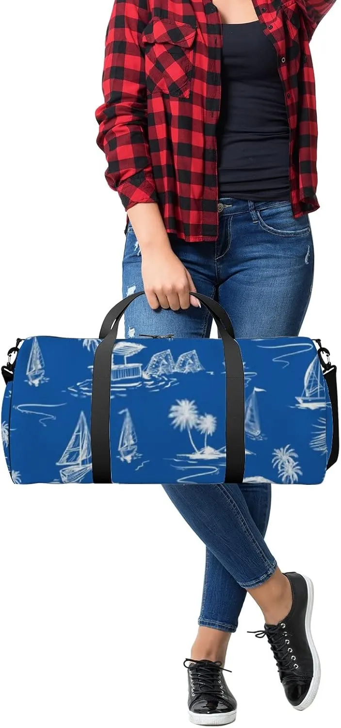 Sports Gym Bag for Women and Men Waterproof Hand Sketch Island Pattern Ocean Blue Duffel Bag Lightweight Carryon Traveling Boarding Gripsack