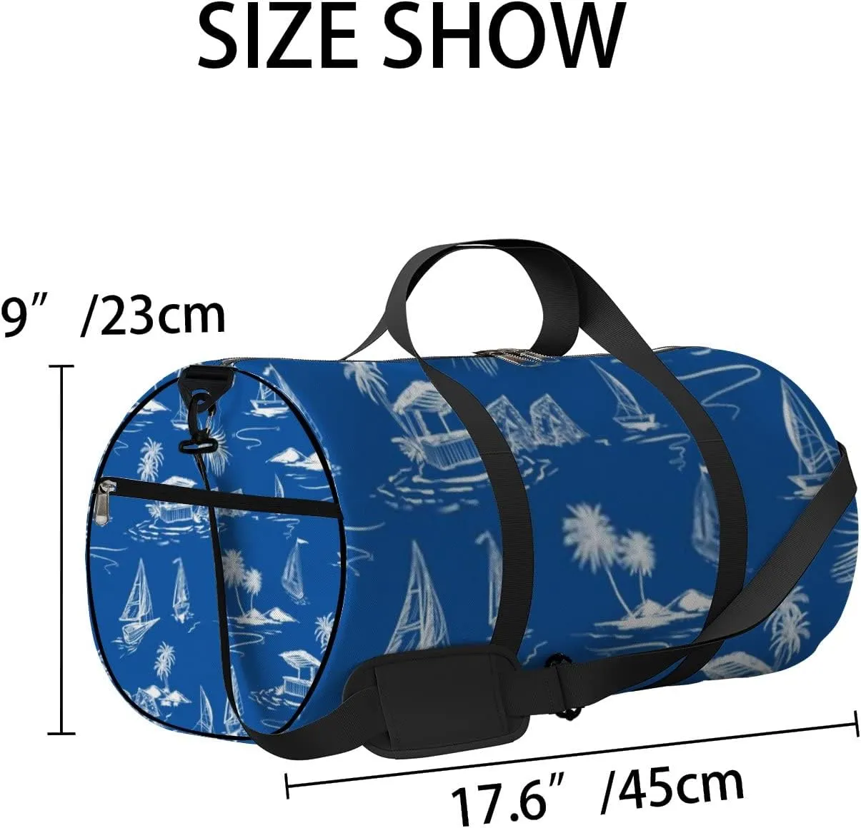 Sports Gym Bag for Women and Men Waterproof Hand Sketch Island Pattern Ocean Blue Duffel Bag Lightweight Carryon Traveling Boarding Gripsack