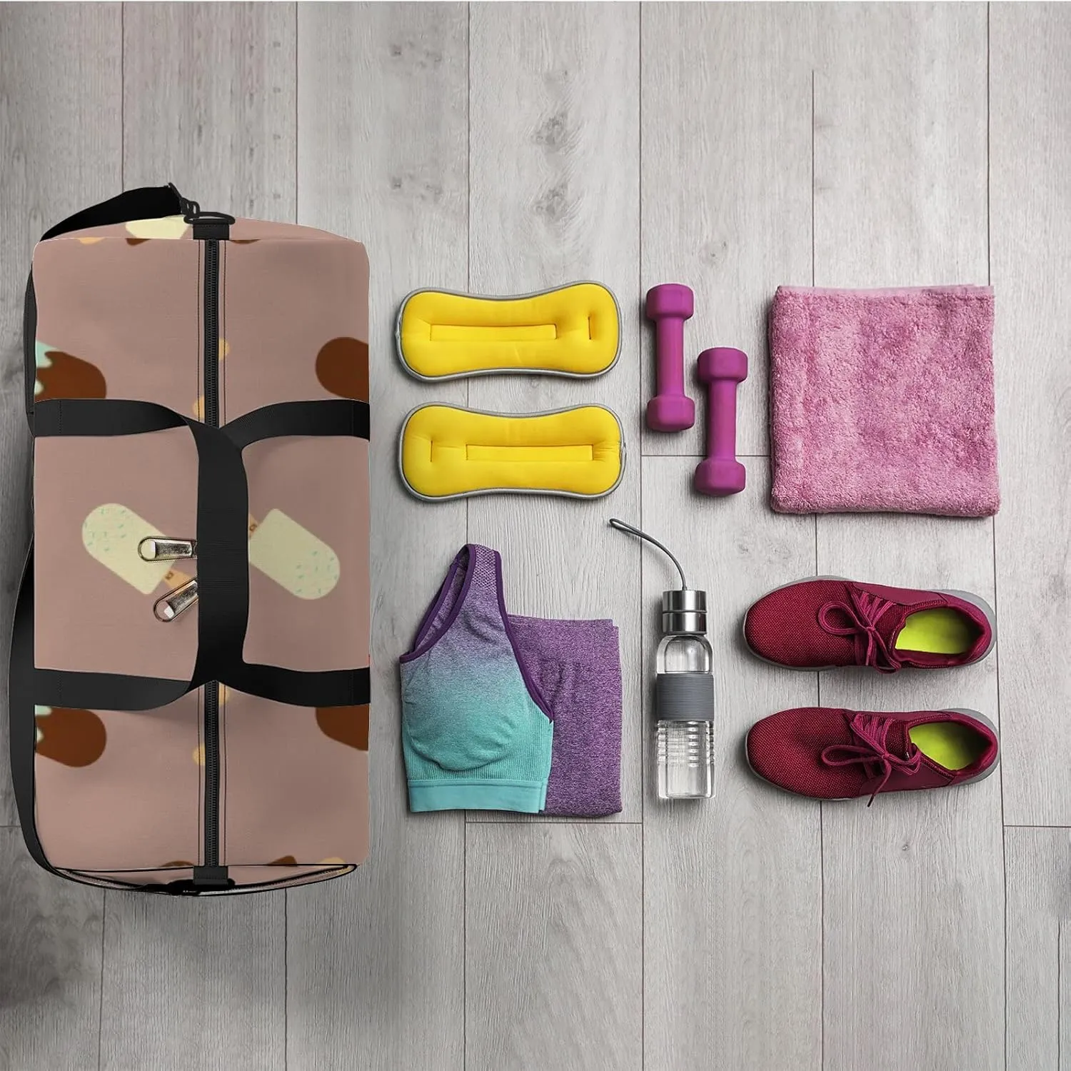 Sports Gym Bag for Women and Men Waterproof Ice Cream Pattern Brown Duffel Bag Lightweight Carryon Traveling Boarding Gripsack