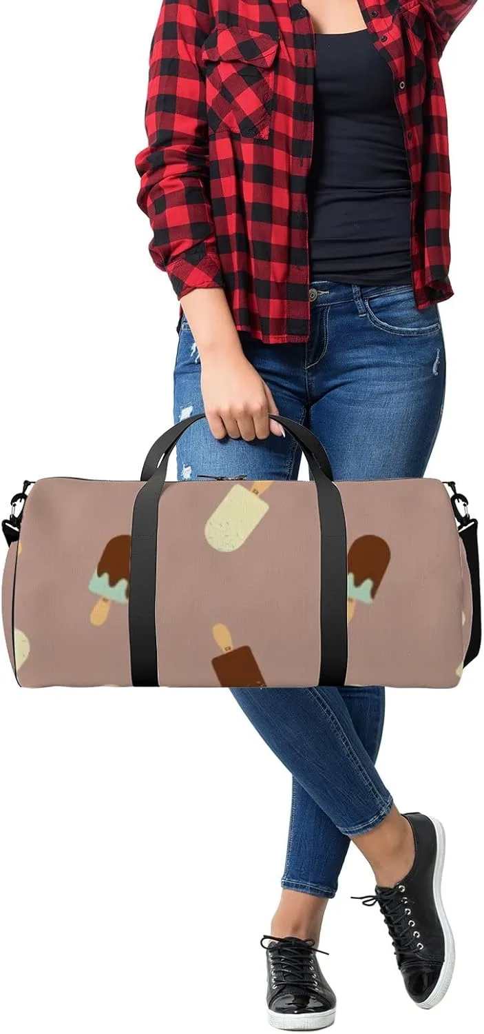 Sports Gym Bag for Women and Men Waterproof Ice Cream Pattern Brown Duffel Bag Lightweight Carryon Traveling Boarding Gripsack