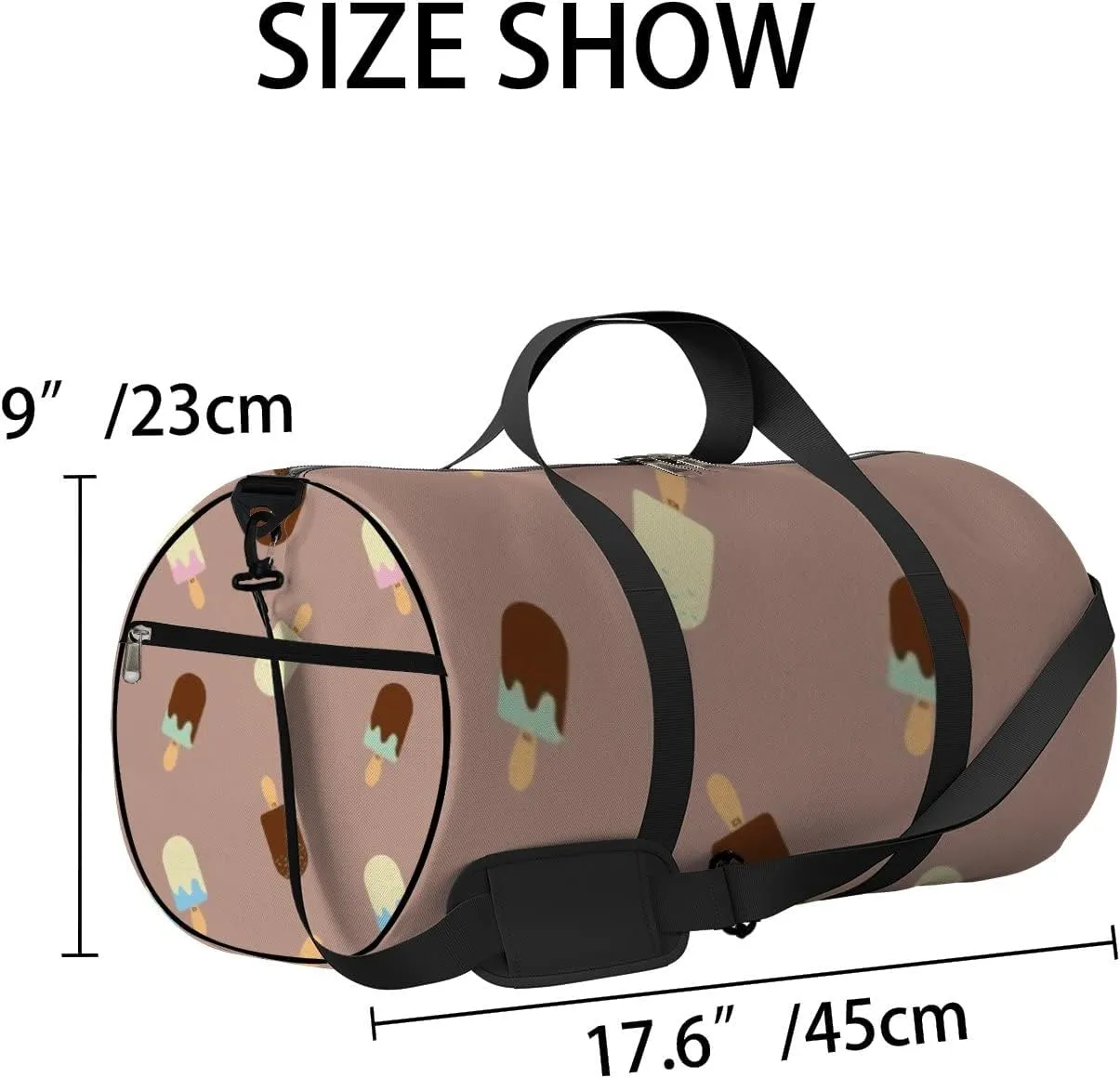 Sports Gym Bag for Women and Men Waterproof Ice Cream Pattern Brown Duffel Bag Lightweight Carryon Traveling Boarding Gripsack