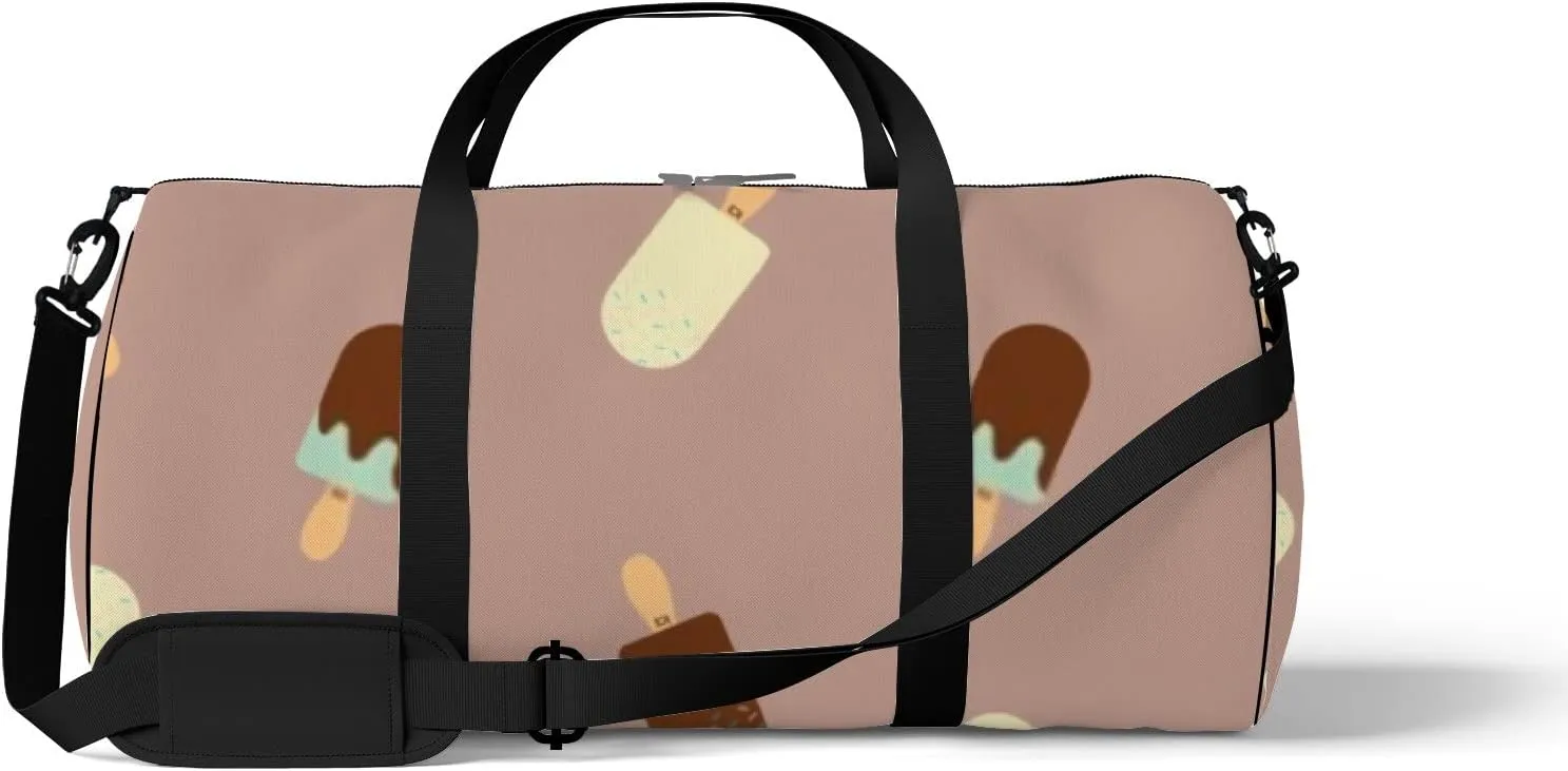Sports Gym Bag for Women and Men Waterproof Ice Cream Pattern Brown Duffel Bag Lightweight Carryon Traveling Boarding Gripsack