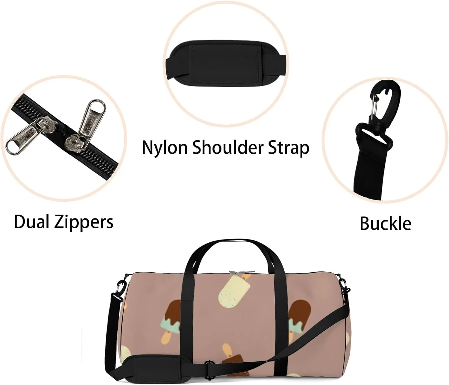 Sports Gym Bag for Women and Men Waterproof Ice Cream Pattern Brown Duffel Bag Lightweight Carryon Traveling Boarding Gripsack