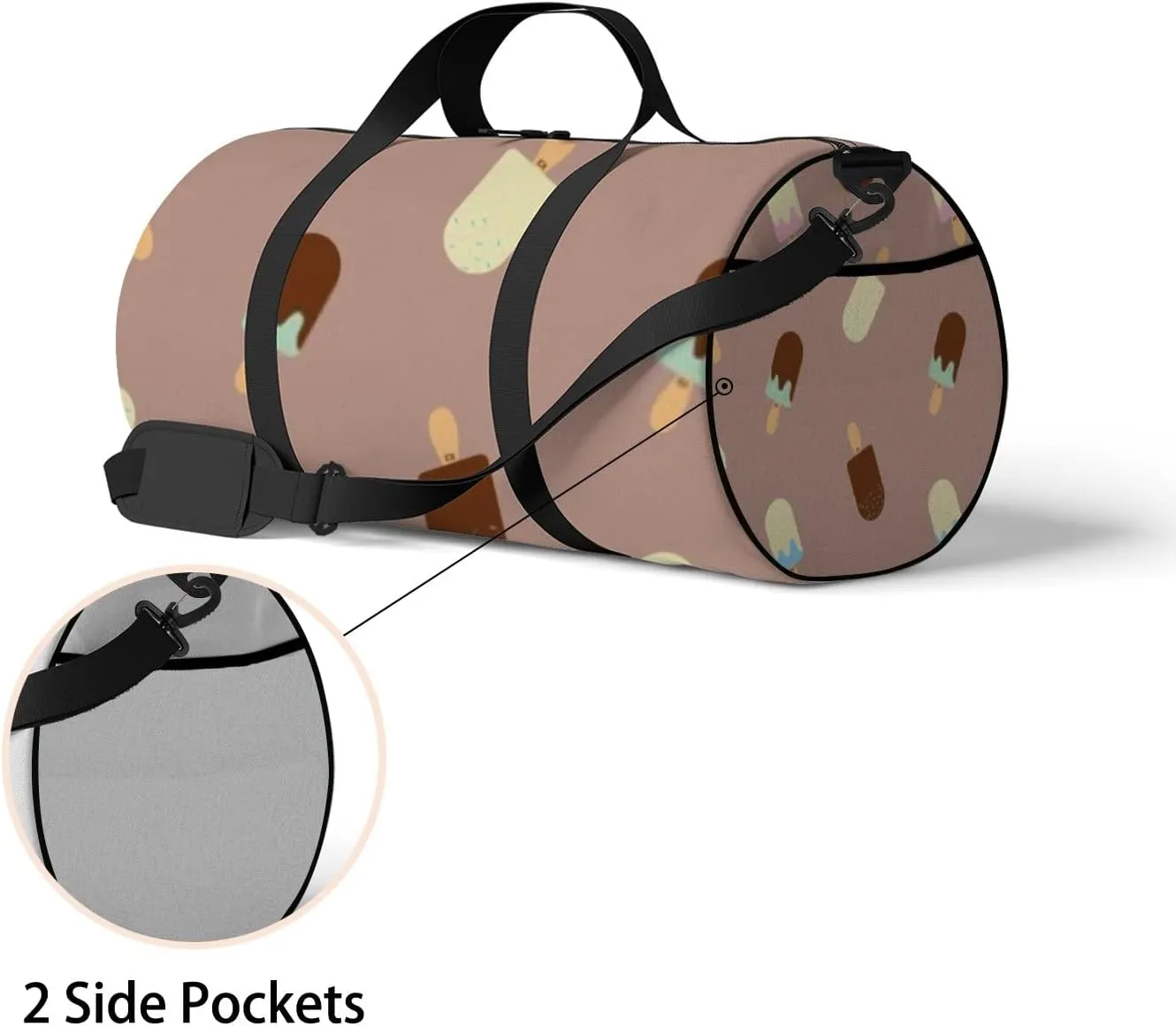 Sports Gym Bag for Women and Men Waterproof Ice Cream Pattern Brown Duffel Bag Lightweight Carryon Traveling Boarding Gripsack