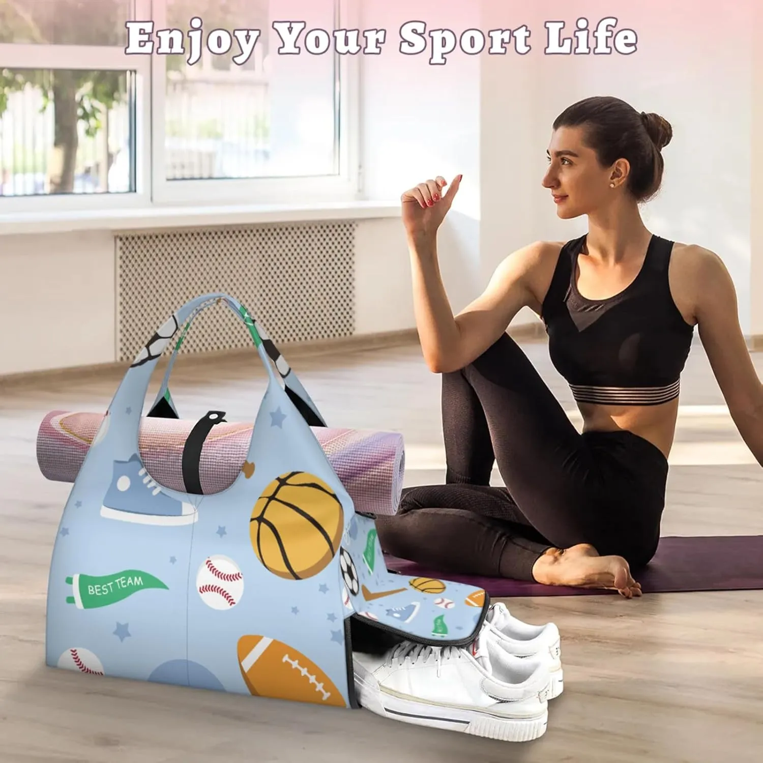 Sports Team Pattern Gym Bag Yoga Mat Tote for Women with Shoes Compartment Lightweight Duffle Travel Carrier Wet Dry Storage Pockets Adjustable Pilates Mats Shoulder Bags for Sport Swim