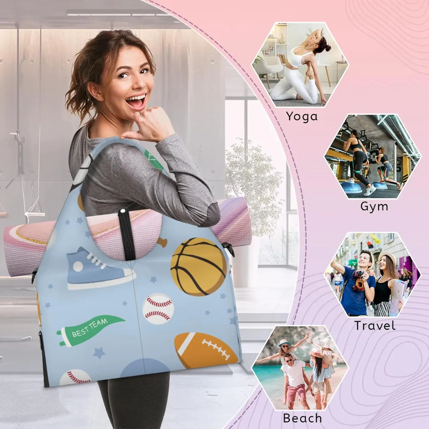 Sports Team Pattern Gym Bag Yoga Mat Tote for Women with Shoes Compartment Lightweight Duffle Travel Carrier Wet Dry Storage Pockets Adjustable Pilates Mats Shoulder Bags for Sport Swim
