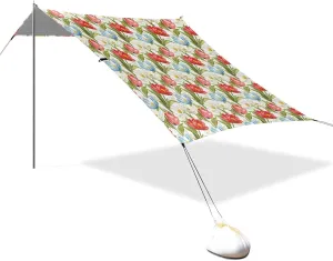 Spring Flowers White Red Foldable Beach Canopy UPF50  Lightweight Shade Sun Shelter with Sandbags and Shovel for Camping, Picnics, Backyard & Fishing