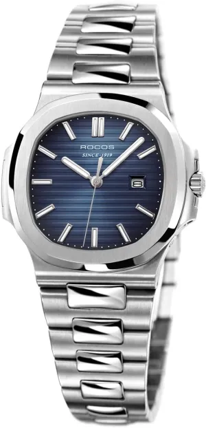 Square Ladies Watch Japanese Quartz Blue Dial Luminous Pointers with Calendar Waterproof Business Casual Style Adjustable Stainless Steel Band Gift