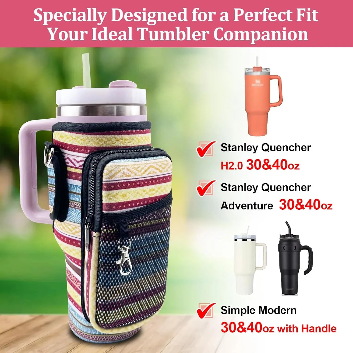 Stanley Carrier Bag for Stanley 40oz/30ozTumbler with Phone with 2 Adjustable Strap,3 Pockets Bottle Stanley Cup Carrier Bag & Case,Accessories for Hiking Travelling
