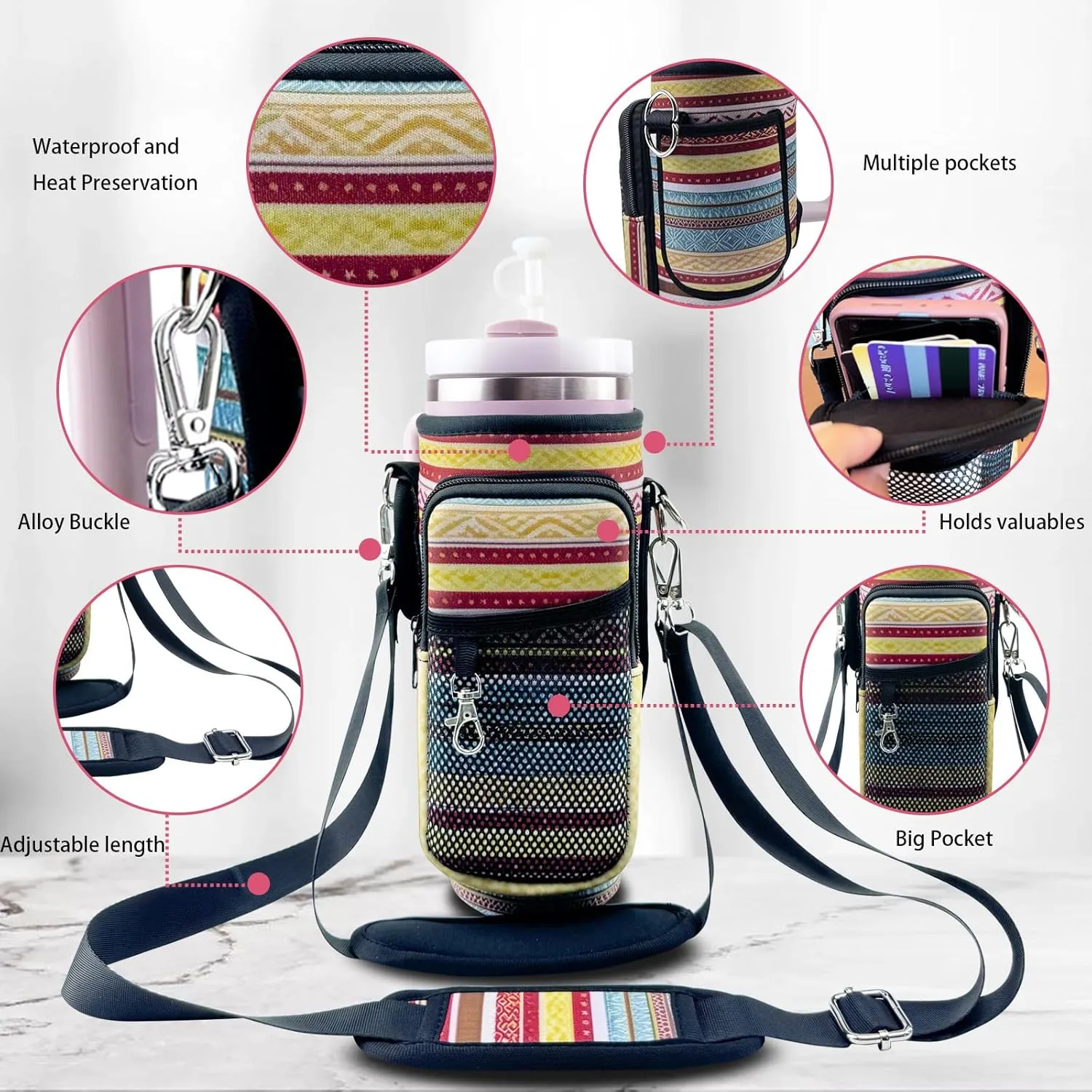 Stanley Carrier Bag for Stanley 40oz/30ozTumbler with Phone with 2 Adjustable Strap,3 Pockets Bottle Stanley Cup Carrier Bag & Case,Accessories for Hiking Travelling