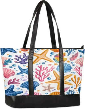 Starfish Coral Shell Watercolour Laptop Tote Bag for Women Lightweight Work Purse with Multiple Compartments Fits 13-15.6 Inch Laptop Tablet Shoulder Bag for Office Travel Daily Use