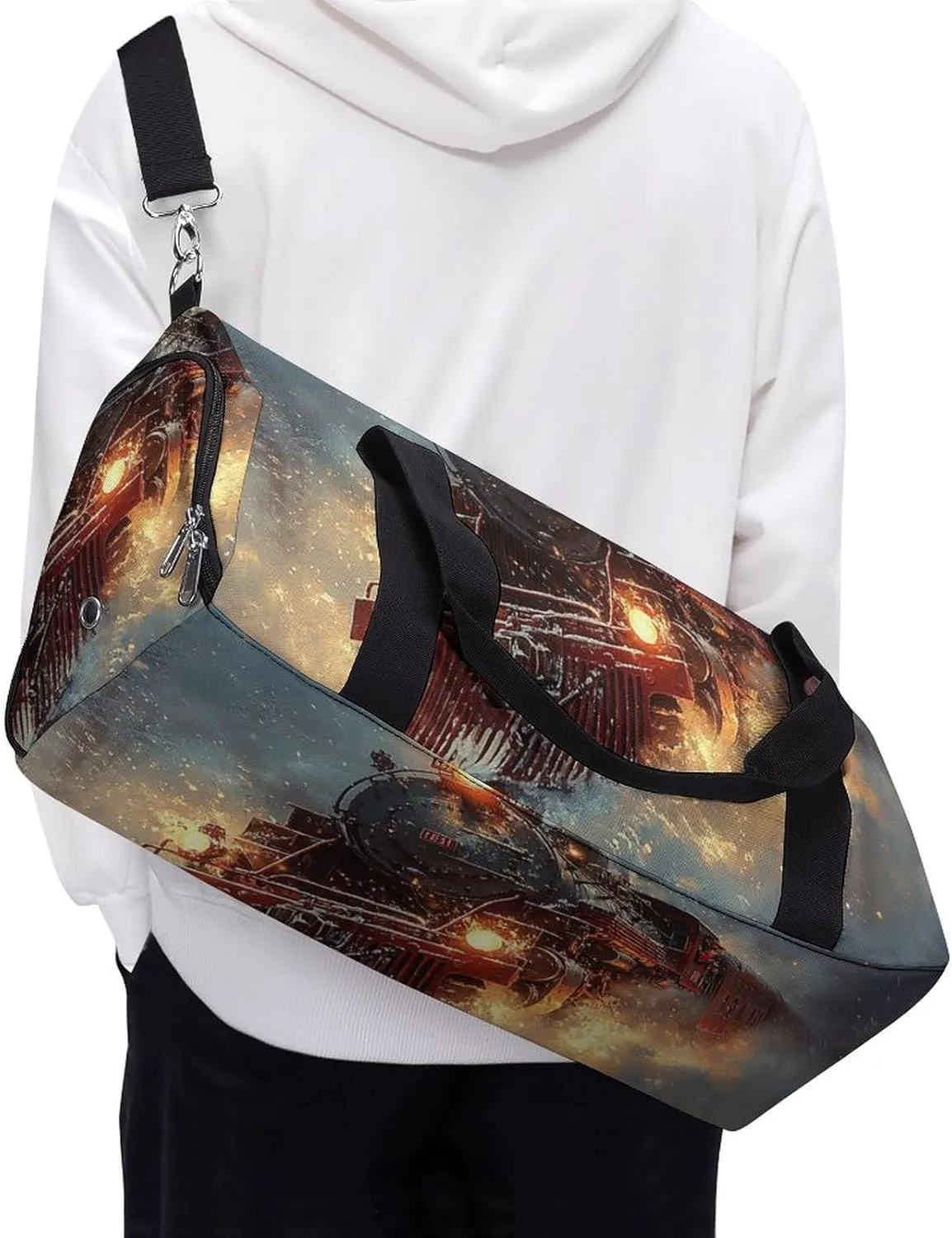 Steam Engine Pulling A Train Fitness Large Gym Bag for Unisex with Shoe Compartment & Wet Pocket