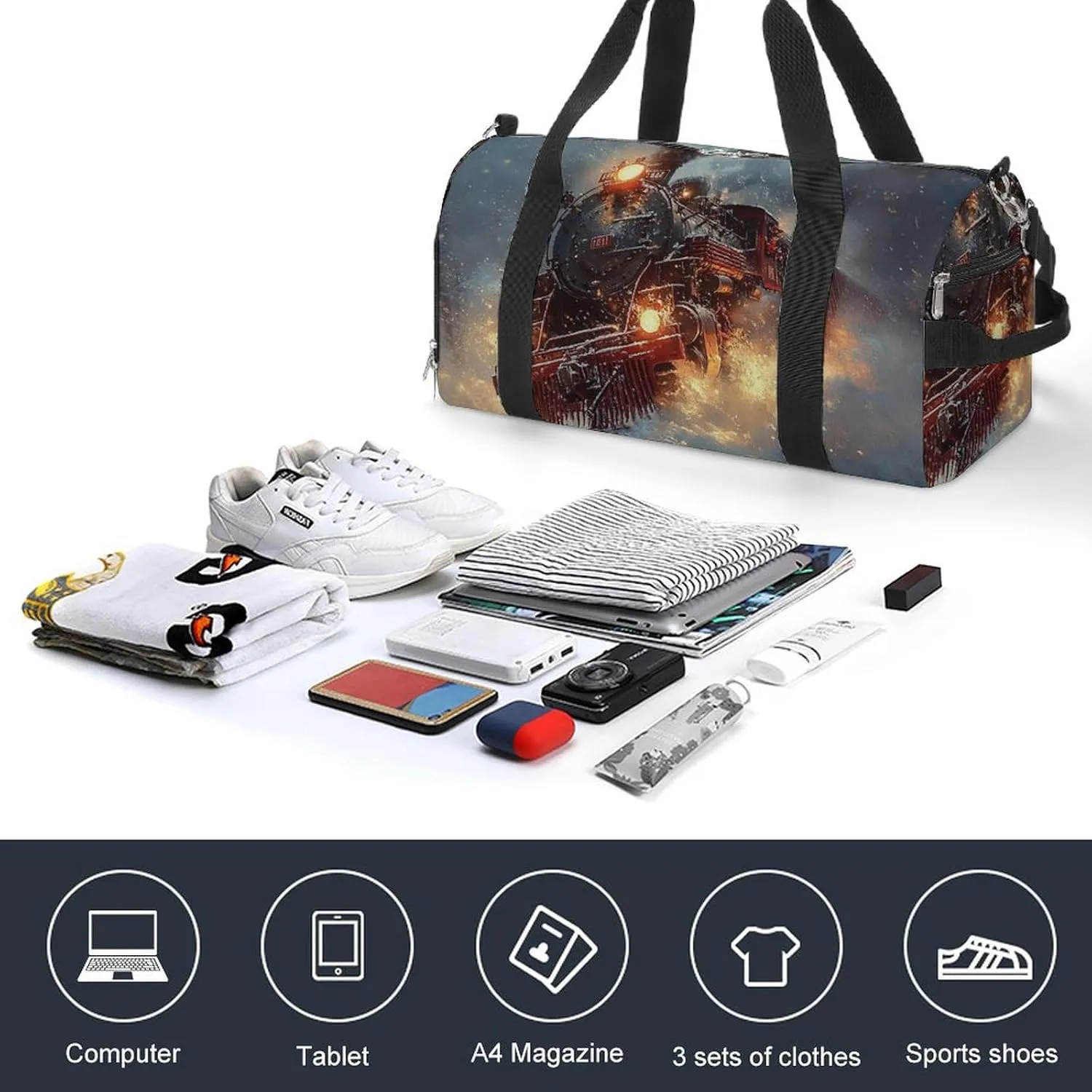 Steam Engine Pulling A Train Fitness Large Gym Bag for Unisex with Shoe Compartment & Wet Pocket