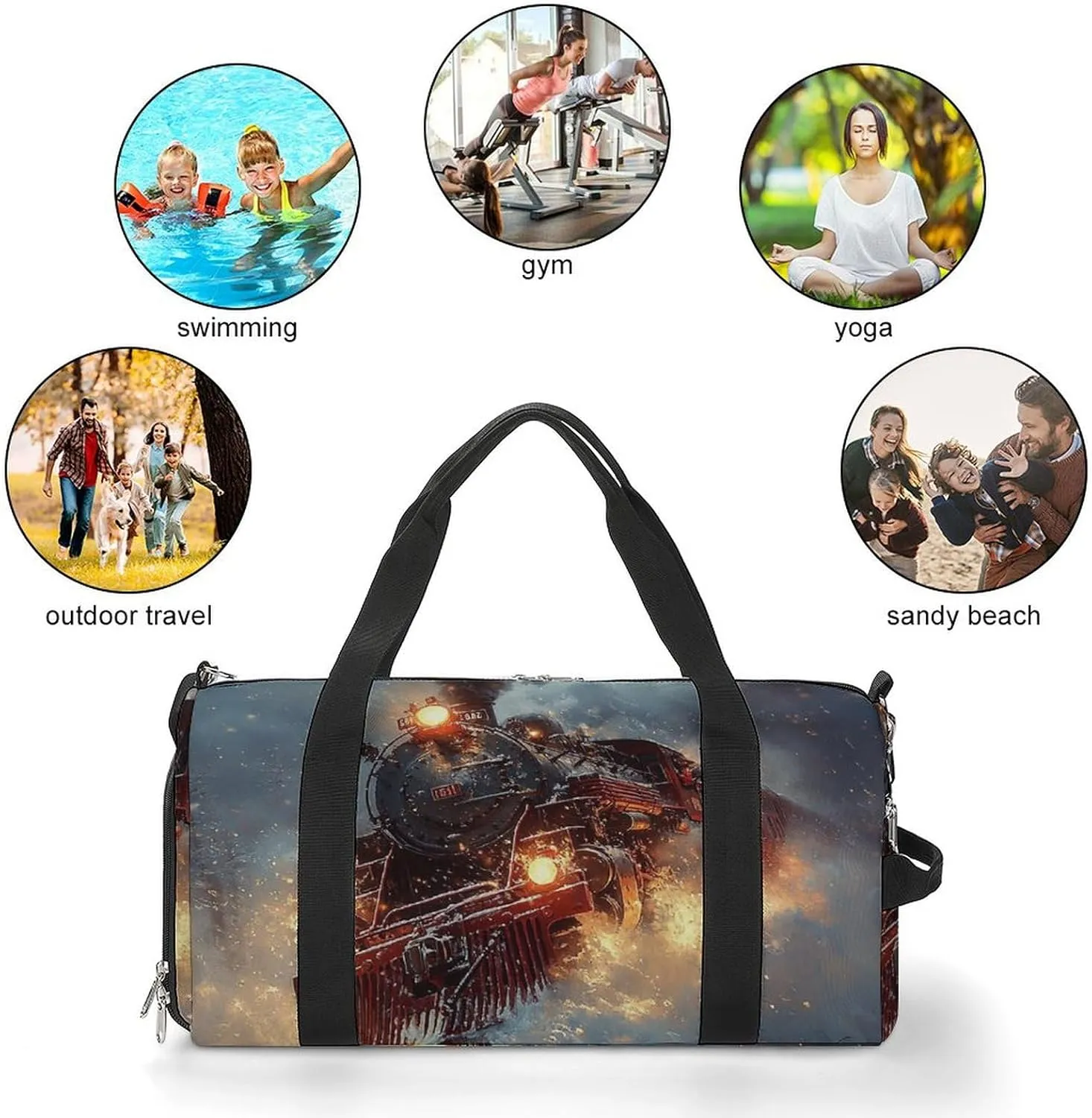 Steam Engine Pulling A Train Fitness Large Gym Bag for Unisex with Shoe Compartment & Wet Pocket