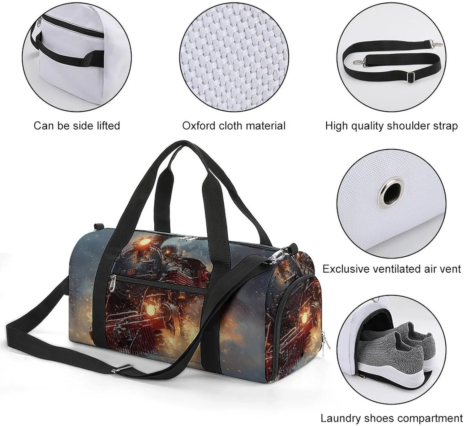 Steam Engine Pulling A Train Fitness Large Gym Bag for Unisex with Shoe Compartment & Wet Pocket
