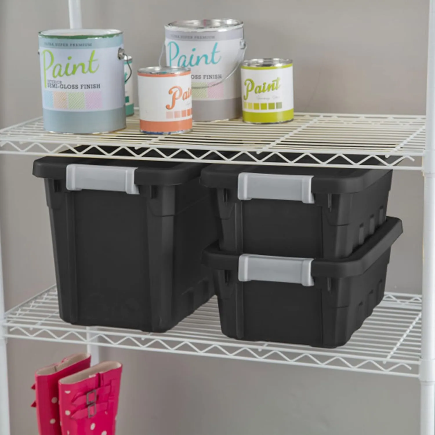 Sterilite 6-Pack Plastic Storage Bins with Lids, Stackable Containers, 7.5 Gallon, Black