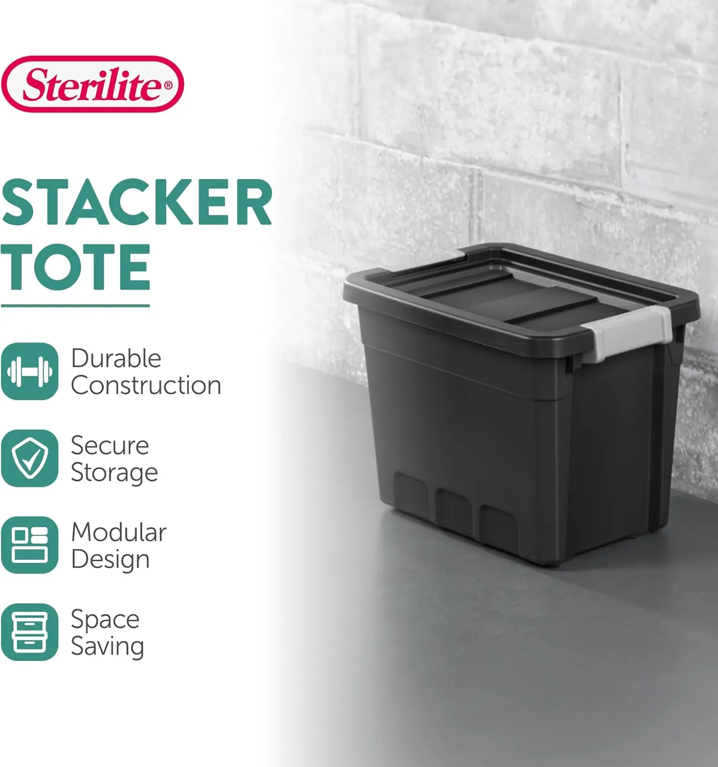 Sterilite 6-Pack Plastic Storage Bins with Lids, Stackable Containers, 7.5 Gallon, Black