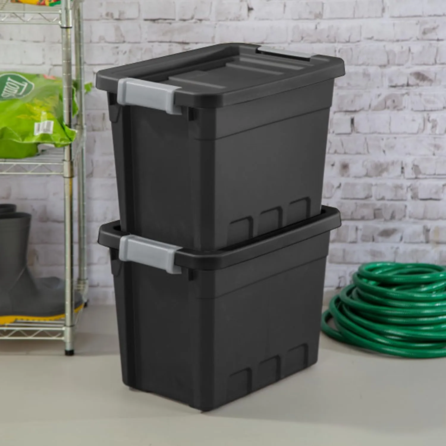 Sterilite 6-Pack Plastic Storage Bins with Lids, Stackable Containers, 7.5 Gallon, Black