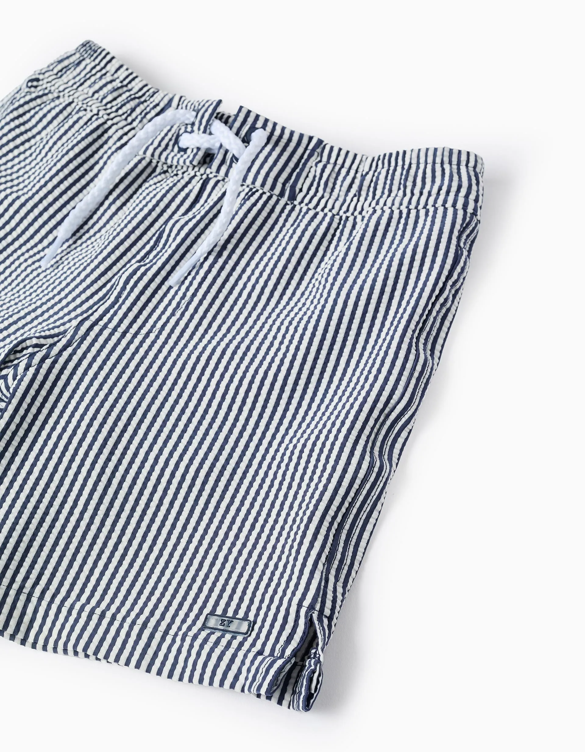 Striped Swim Shorts for Boys, White/Navy Blue