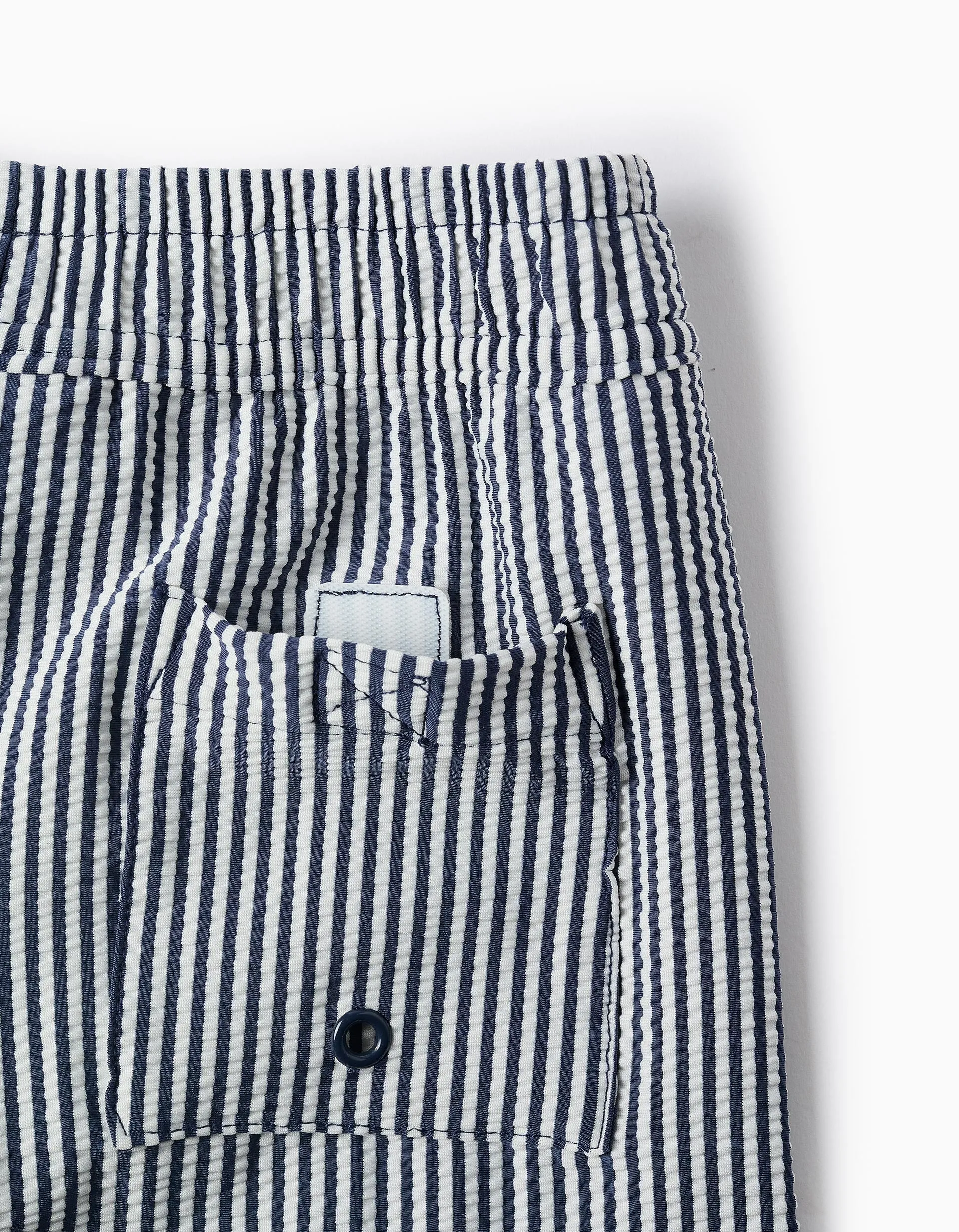 Striped Swim Shorts for Boys, White/Navy Blue