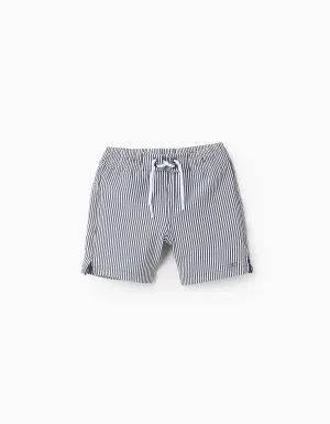 Striped Swim Shorts for Boys, White/Navy Blue