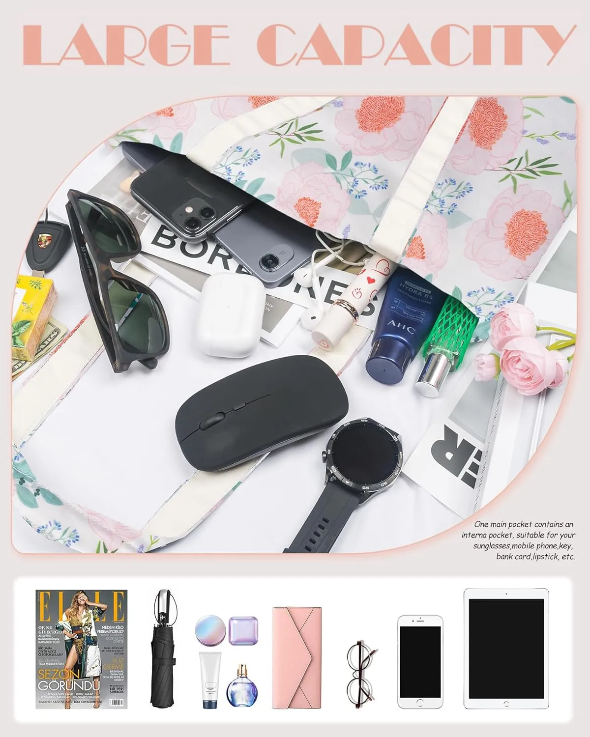 STUOYE Canvas Tote Bag for Women Cute Cotton Tote Bags Floral Travel Beach Bag Reusable Grocery Bags Cloth Shoulder Handbags