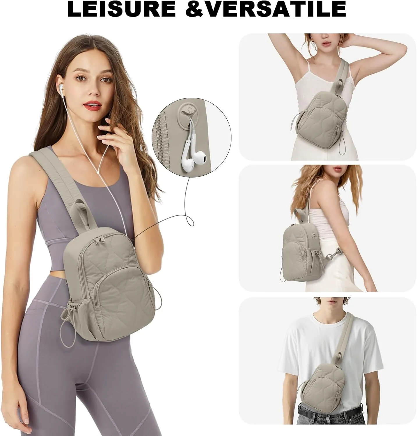 Stylish Sling Bag for Women – Versatile Crossbody Backpack with Adjustable Strap, Lightweight Shoulder Bag for Travel, Hiking & Sports(Khaki-Large)