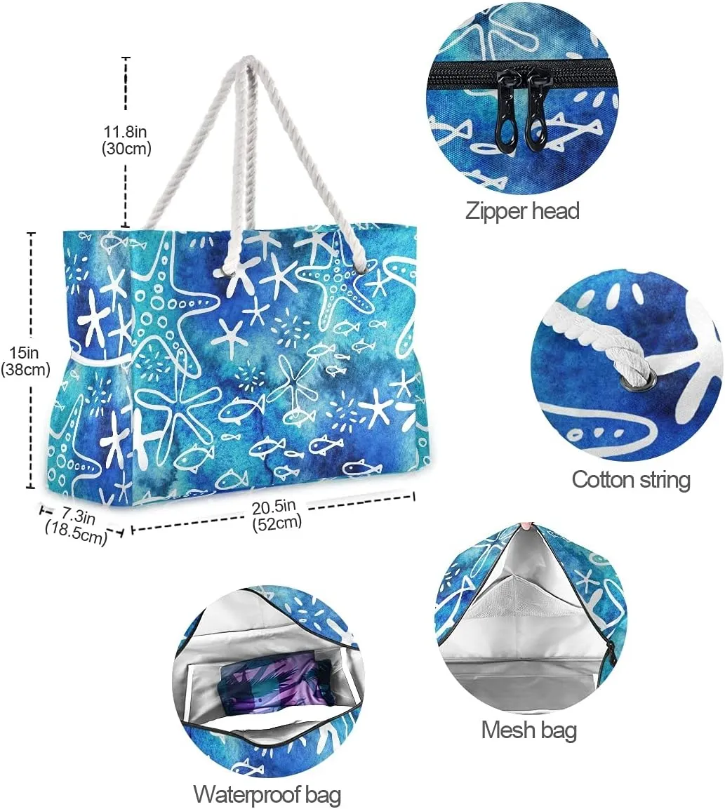SUABO Travel Beach Bag, Women Large Shoulder Handbags, Cotton Rope Handles Travel Tote Bag for Women