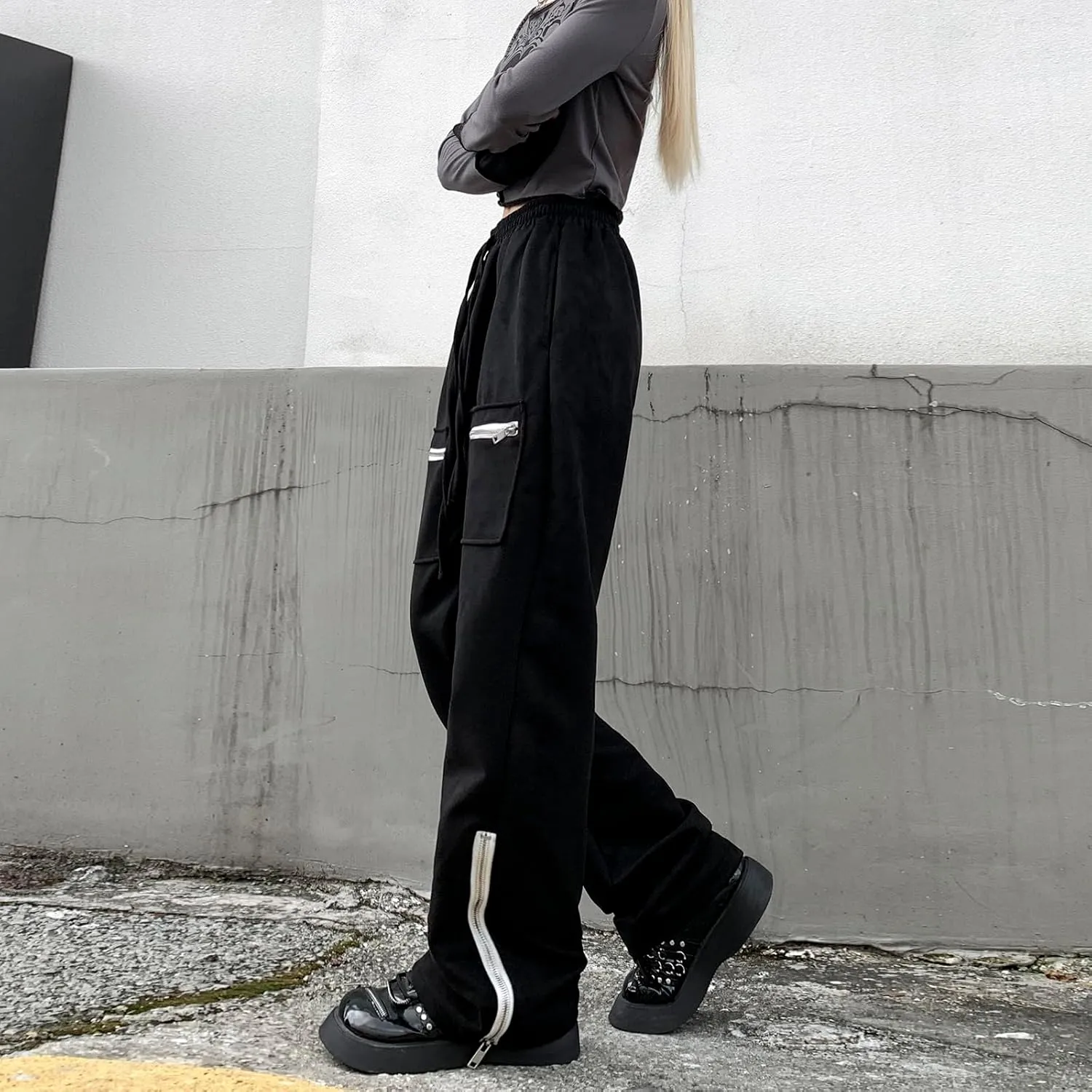 Suede Harajuku Pants for Women High Waist Sweatpants Streetwear Joggers Hip Hop Dance Flare Pant with Pockets