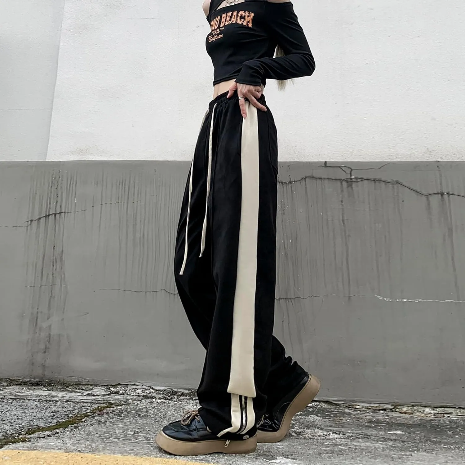 Suede Harajuku Pants for Women High Waist Sweatpants Streetwear Joggers Hip Hop Dance Flare Pant with Pockets