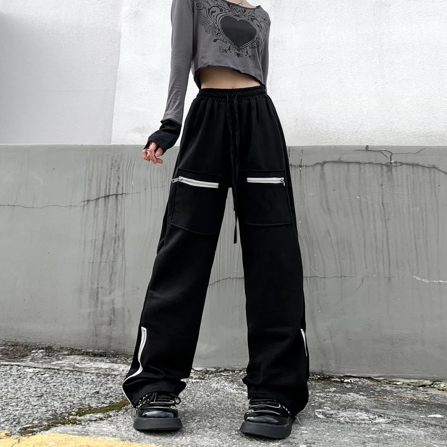 Suede Harajuku Pants for Women High Waist Sweatpants Streetwear Joggers Hip Hop Dance Flare Pant with Pockets