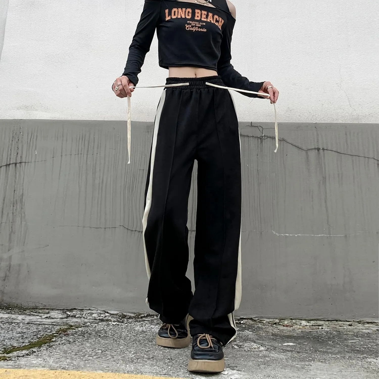 Suede Harajuku Pants for Women High Waist Sweatpants Streetwear Joggers Hip Hop Dance Flare Pant with Pockets