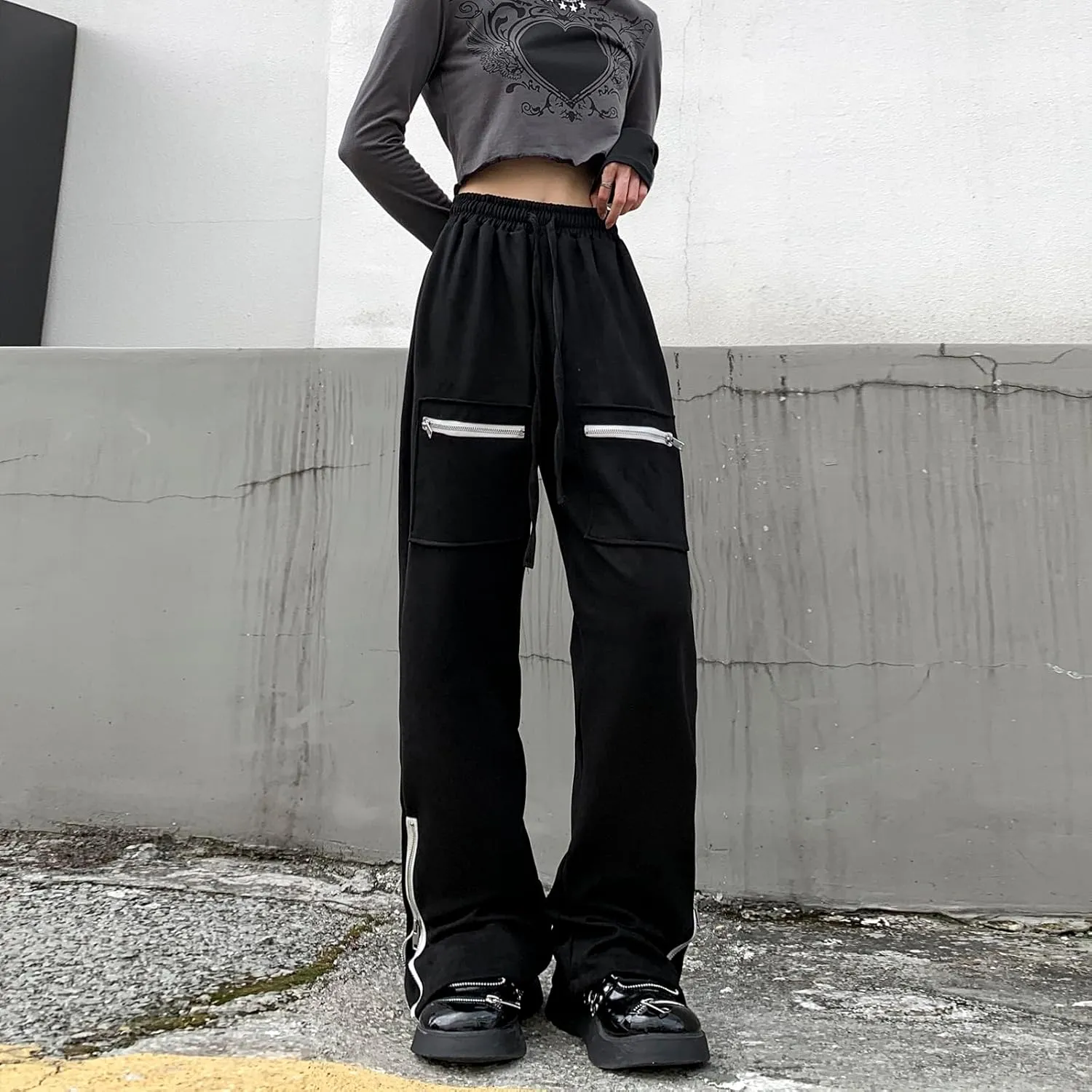 Suede Harajuku Pants for Women High Waist Sweatpants Streetwear Joggers Hip Hop Dance Flare Pant with Pockets