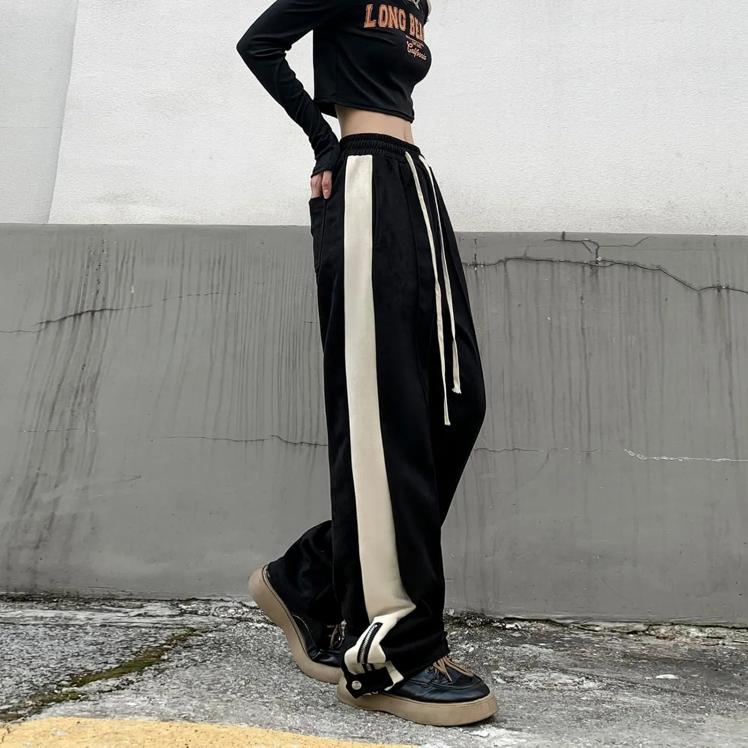 Suede Harajuku Pants for Women High Waist Sweatpants Streetwear Joggers Hip Hop Dance Flare Pant with Pockets