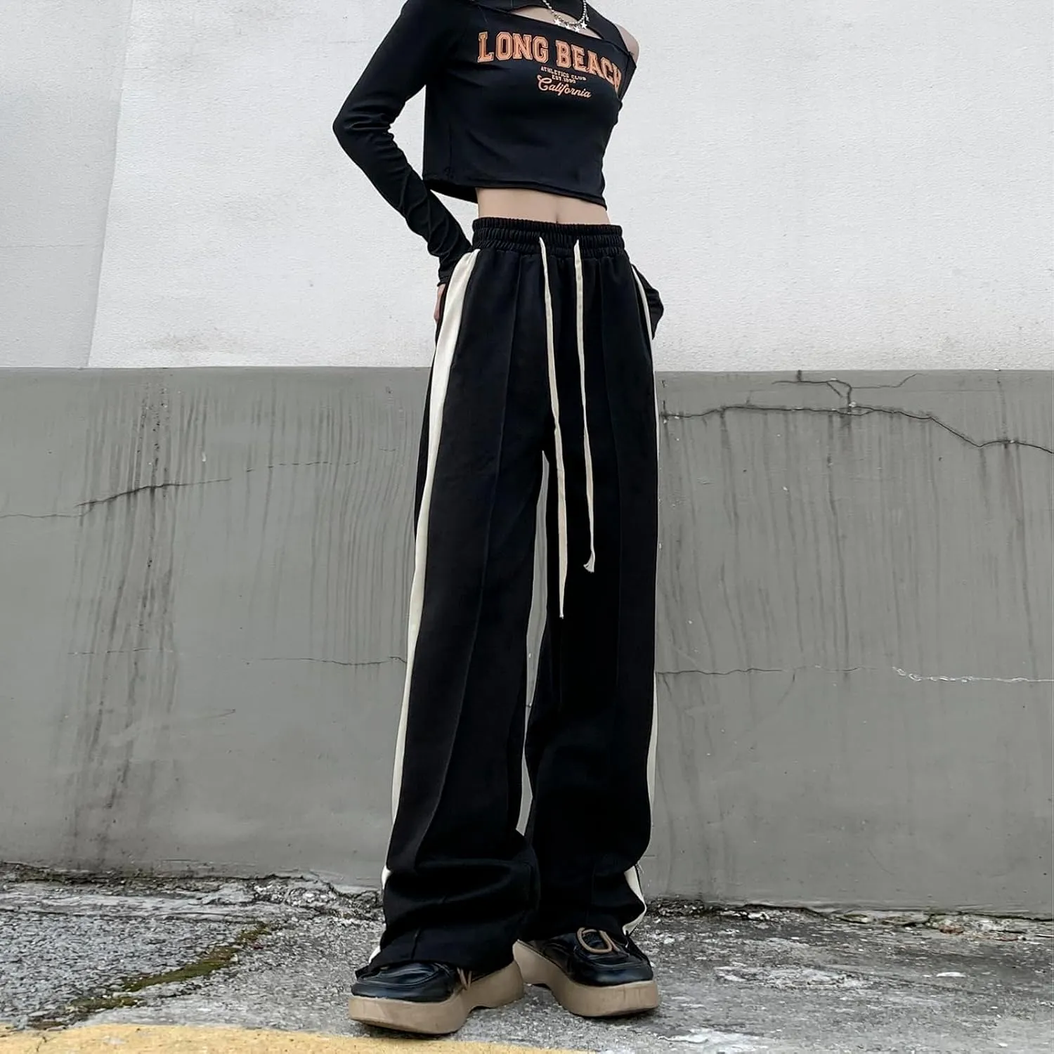 Suede Harajuku Pants for Women High Waist Sweatpants Streetwear Joggers Hip Hop Dance Flare Pant with Pockets