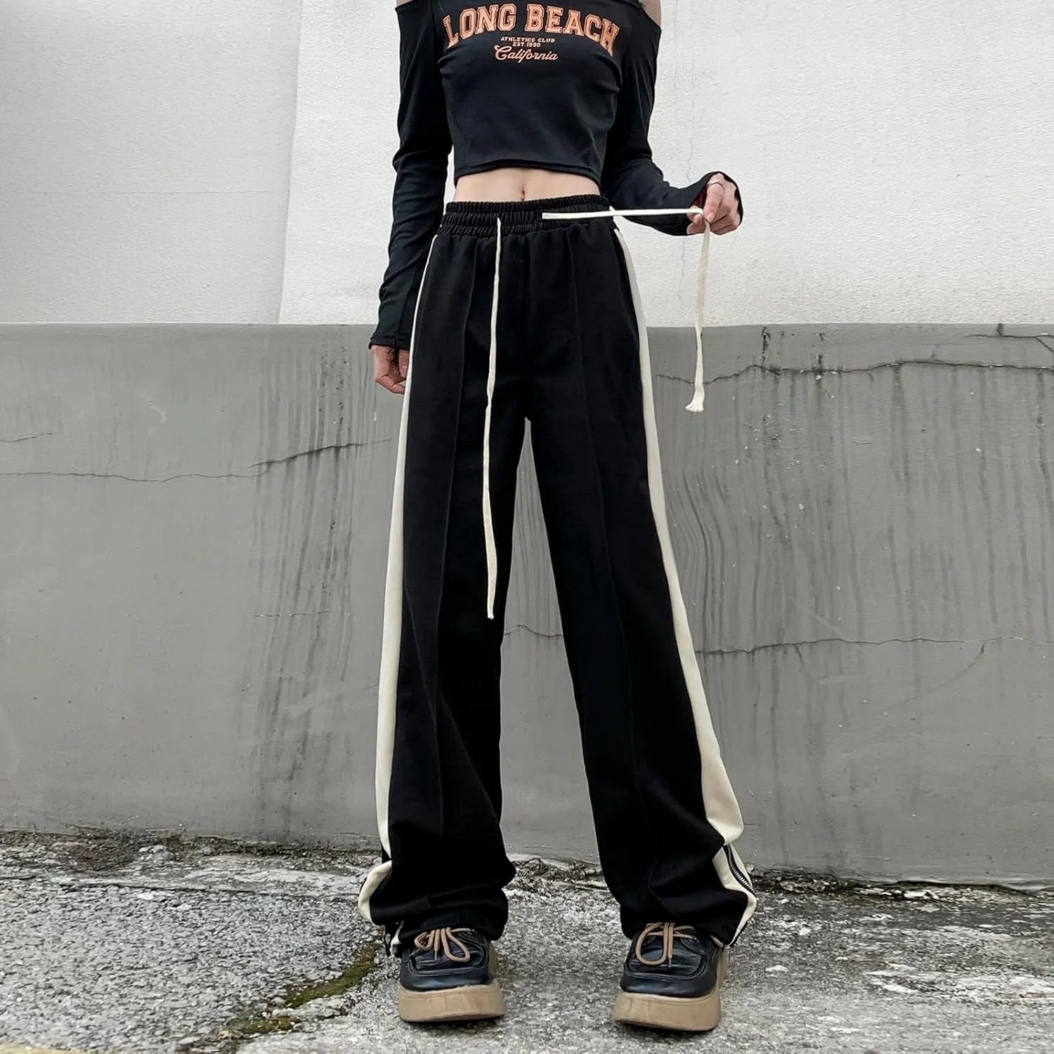 Suede Harajuku Pants for Women High Waist Sweatpants Streetwear Joggers Hip Hop Dance Flare Pant with Pockets