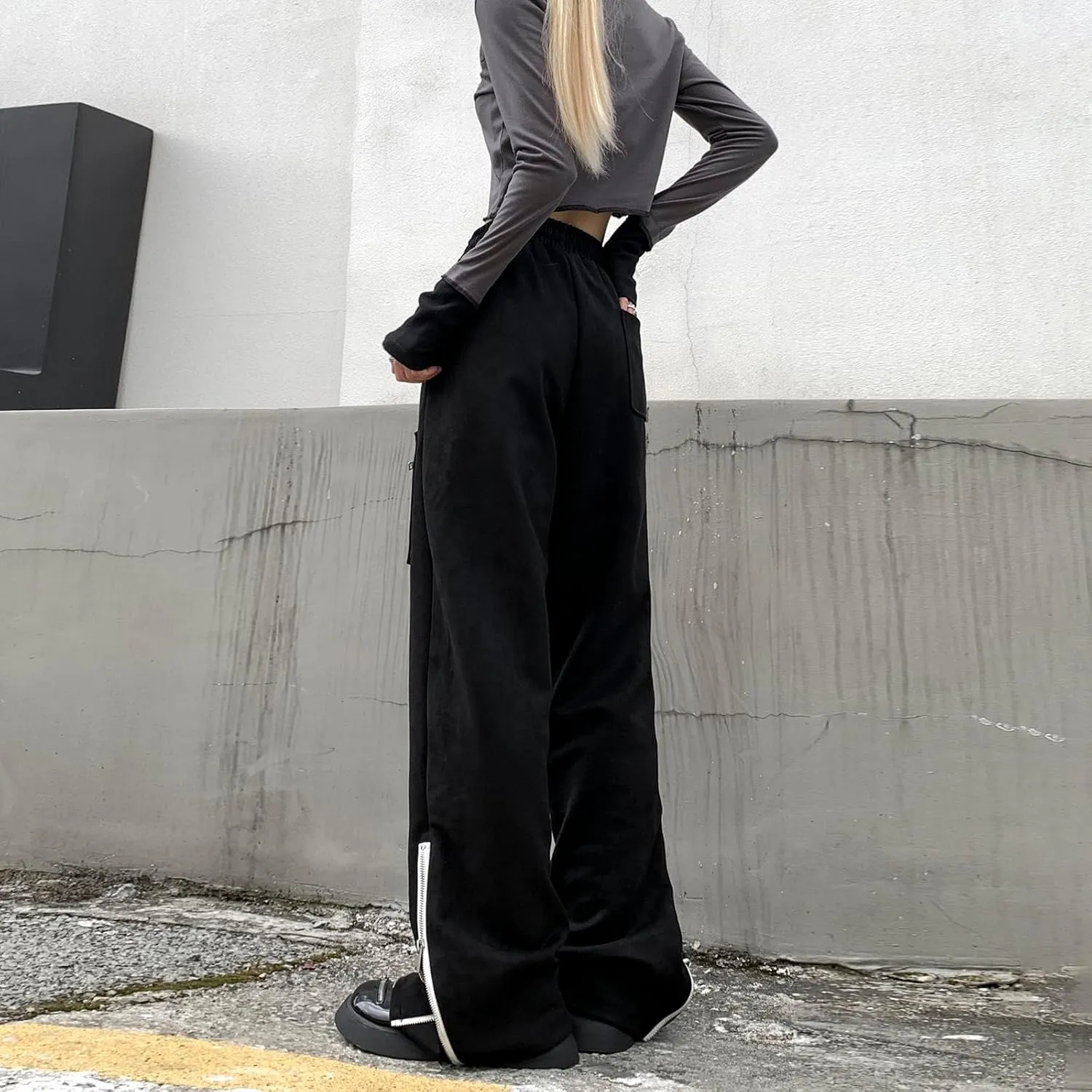 Suede Harajuku Pants for Women High Waist Sweatpants Streetwear Joggers Hip Hop Dance Flare Pant with Pockets