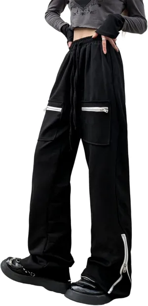 Suede Harajuku Pants for Women High Waist Sweatpants Streetwear Joggers Hip Hop Dance Flare Pant with Pockets