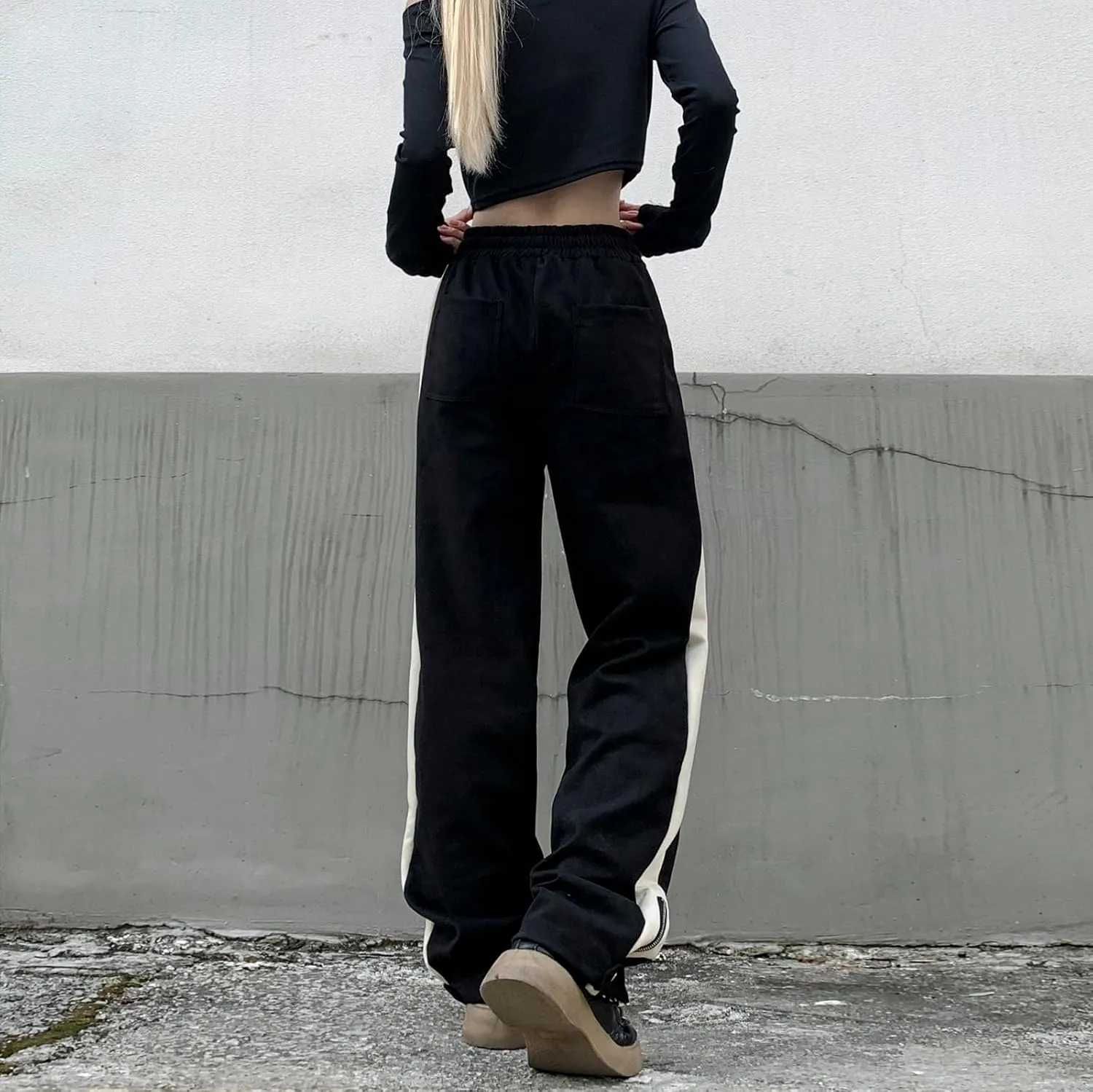 Suede Harajuku Pants for Women High Waist Sweatpants Streetwear Joggers Hip Hop Dance Flare Pant with Pockets