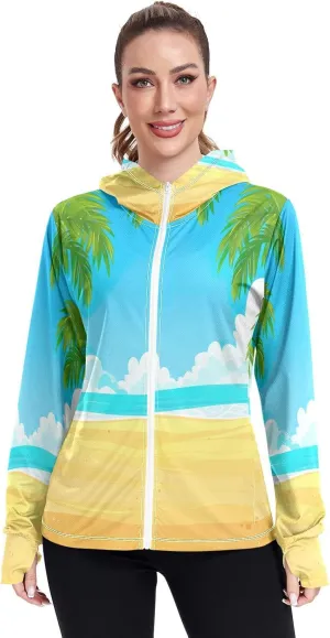 Summer Beach Fresh Blue Uv Protection Jacket Upf 50 , Long Sleeve Zip up Beach Jacket