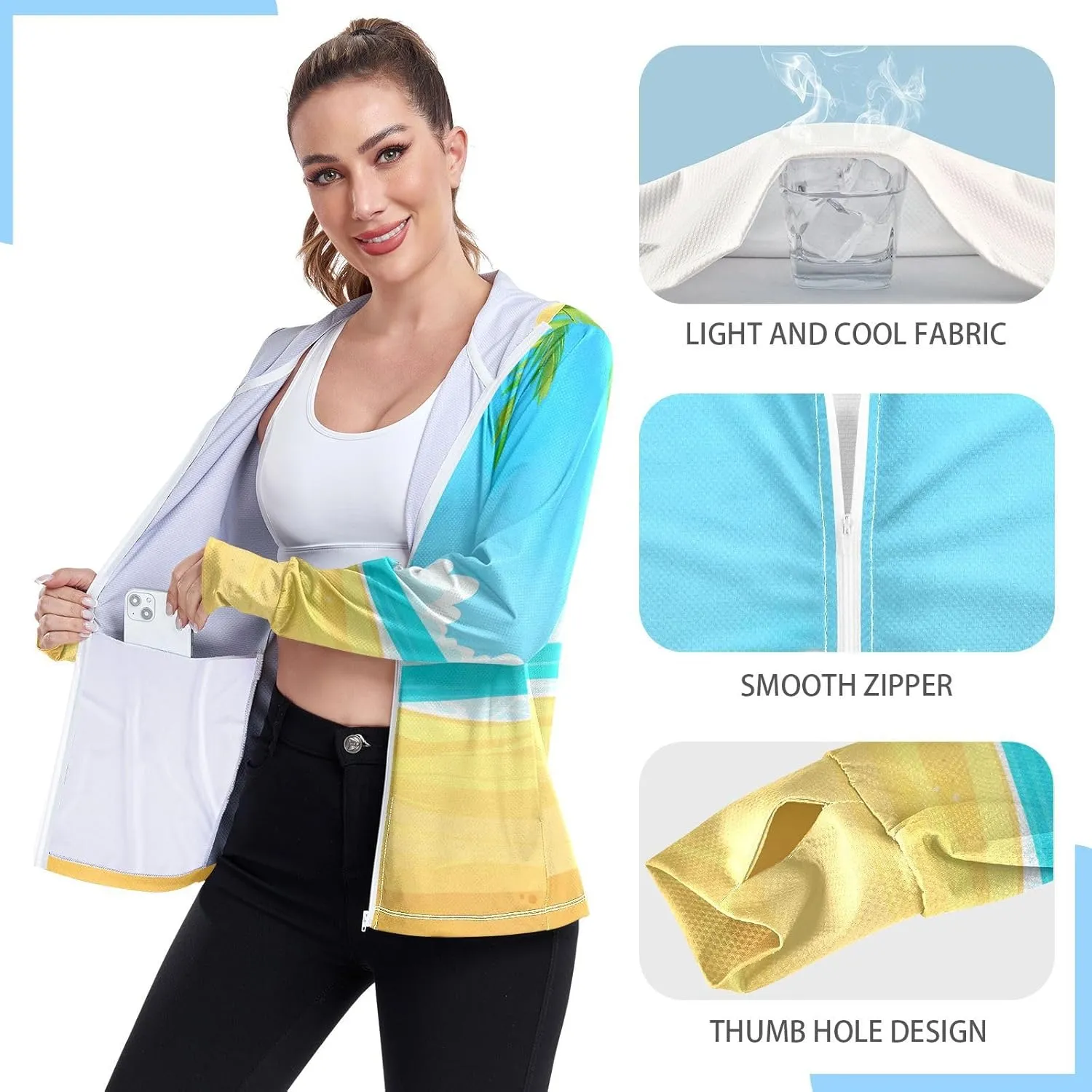 Summer Beach Fresh Blue Uv Protection Jacket Upf 50 , Long Sleeve Zip up Beach Jacket