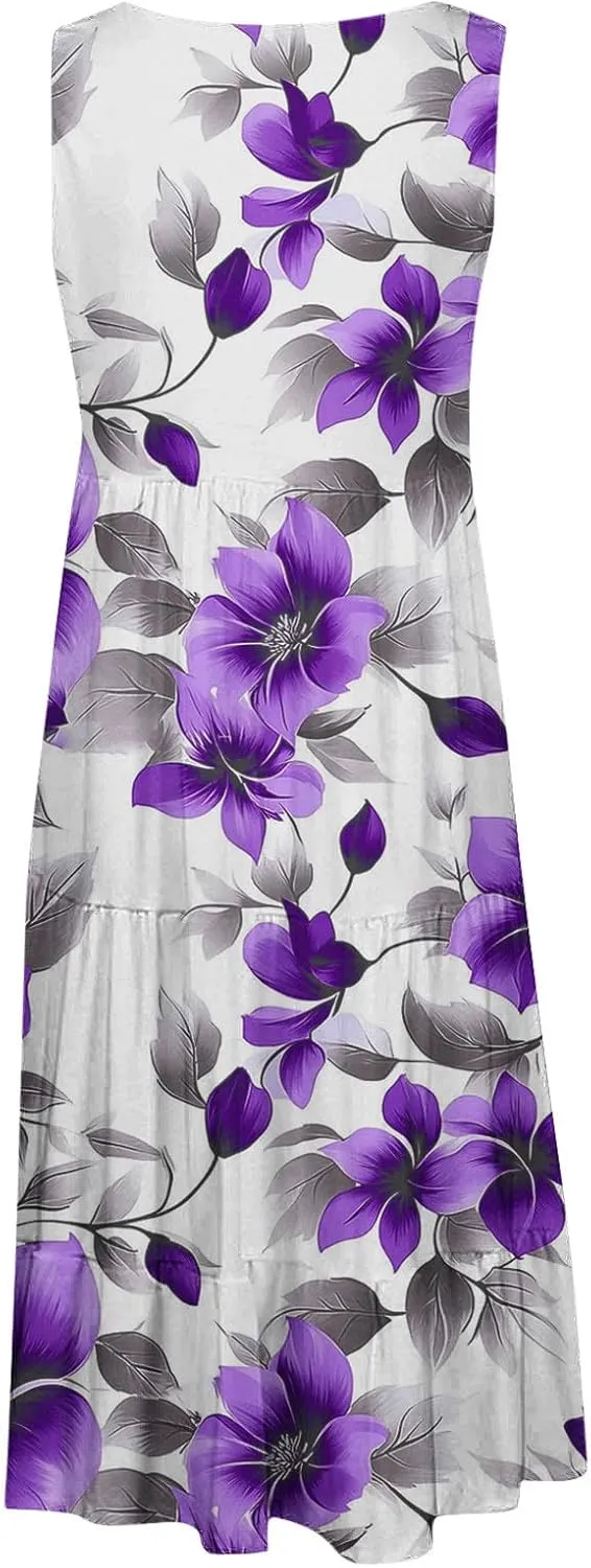 Summer Dresses for Women 2025 Boho Floral Print Sun Dress Sleeveless Loose Casual Fashion Beach Dress