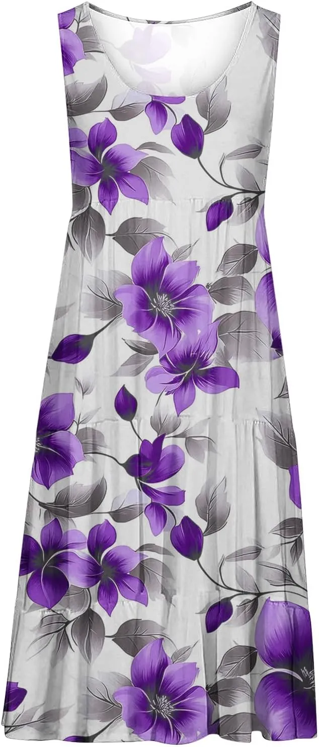 Summer Dresses for Women 2025 Boho Floral Print Sun Dress Sleeveless Loose Casual Fashion Beach Dress