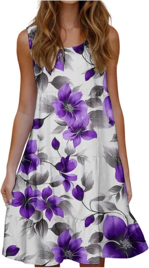 Summer Dresses for Women 2025 Boho Floral Print Sun Dress Sleeveless Loose Casual Fashion Beach Dress