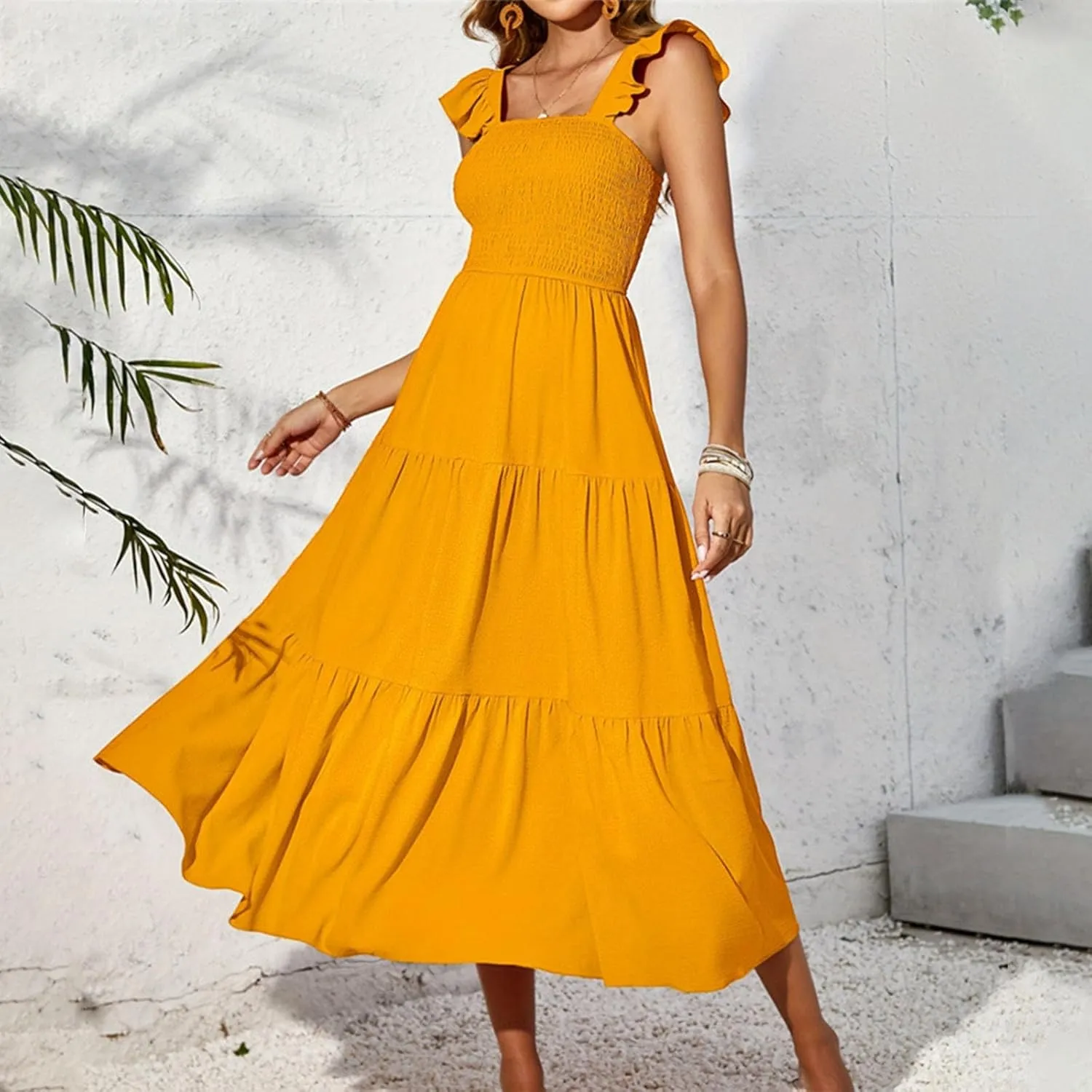 Summer Elegant Dresses for Women Solid Color Ruffle Sleeve Pleated Swing Casual Party Dress Fashion Design