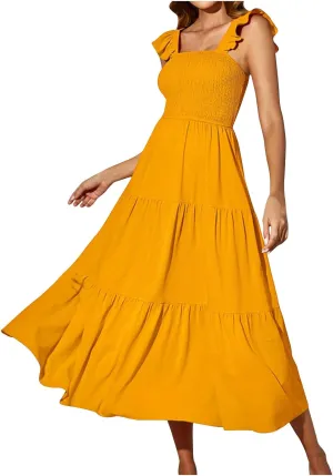 Summer Elegant Dresses for Women Solid Color Ruffle Sleeve Pleated Swing Casual Party Dress Fashion Design
