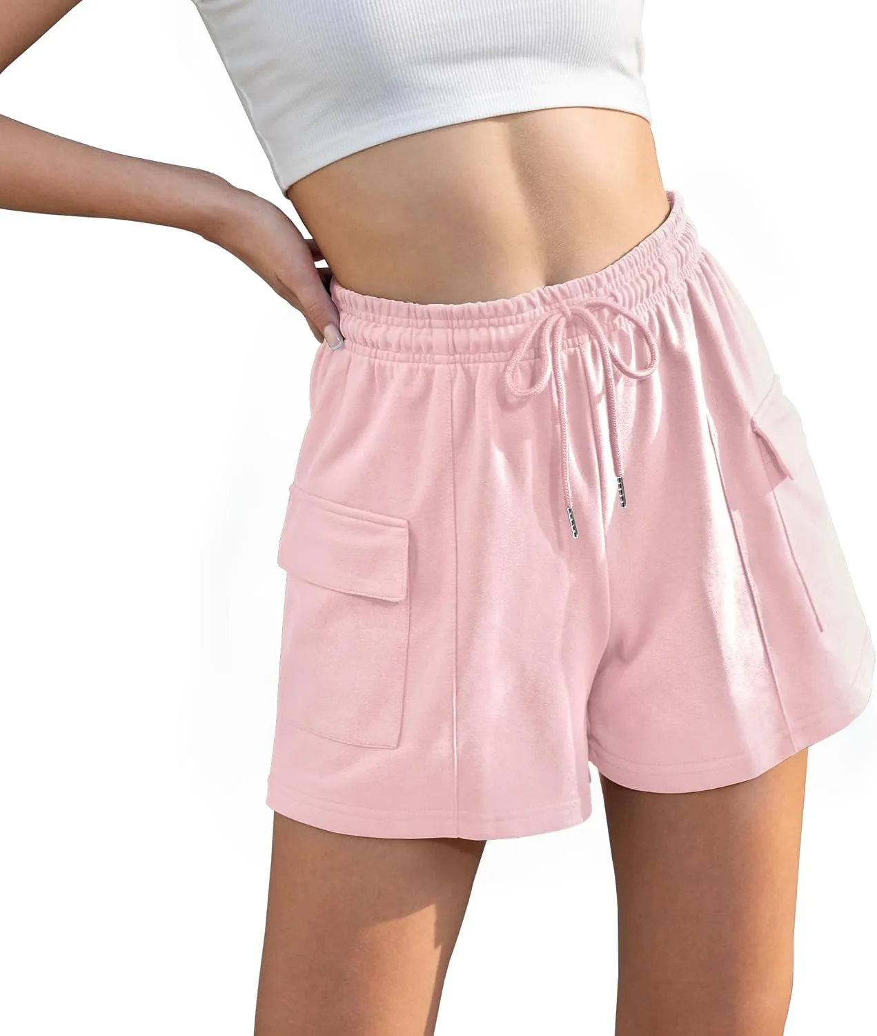 Summer High Waisted Cargo Shorts with Pockets Cotton Drawstring Casual Shorts Women