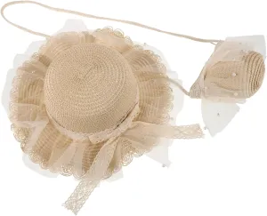 Summer Sun Hat and Crossbody Purse Set Stylish with Lace Trim for Sun Protection and Matching Shoulder Bag for Beach and Outdoor Activities Beige