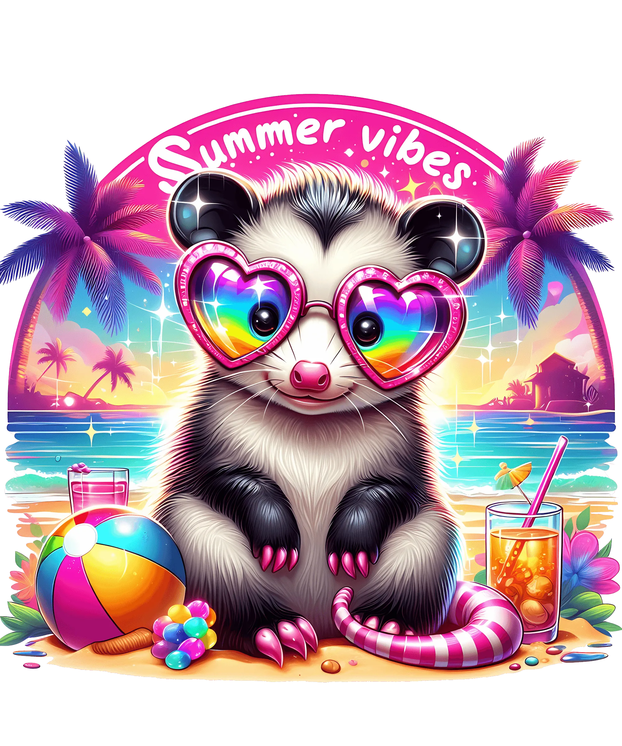 Summer Vibes Opossum on the Beach DTF (direct-to-film) Transfer